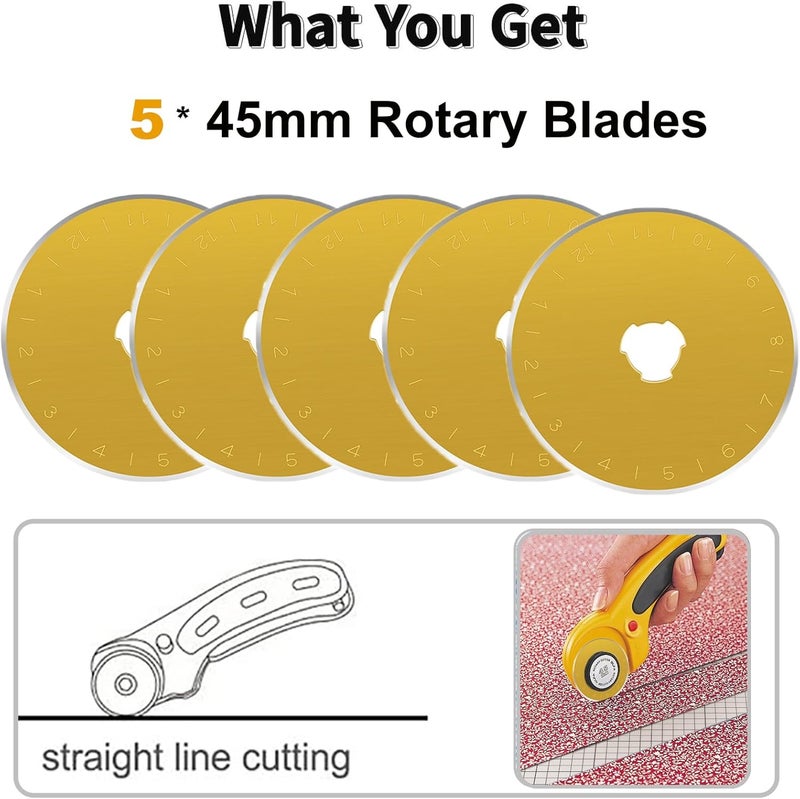 KAMSANG 45mm Rotary Cutter Blades,Replacement Blades Fits Fiskars,OLFA,Martelli,Dremel,Truecut,DAFA,Fabric Cutting Blades Refill for Quilting Scrapbooking Sewing Arts &Crafts, SKS-7 (Titanium Coated), 5-Pack - Image 5
